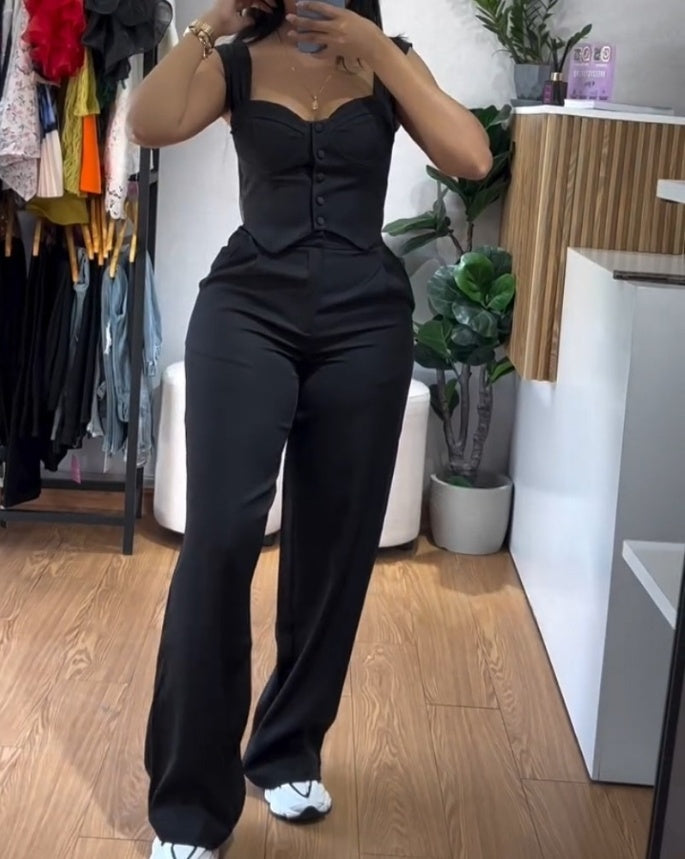 Women's Vest Suit High Waist Wide Leg Trousers Set