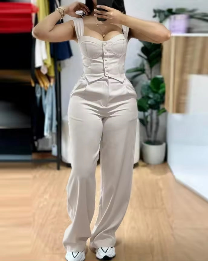 Women's Vest Suit High Waist Wide Leg Trousers Set