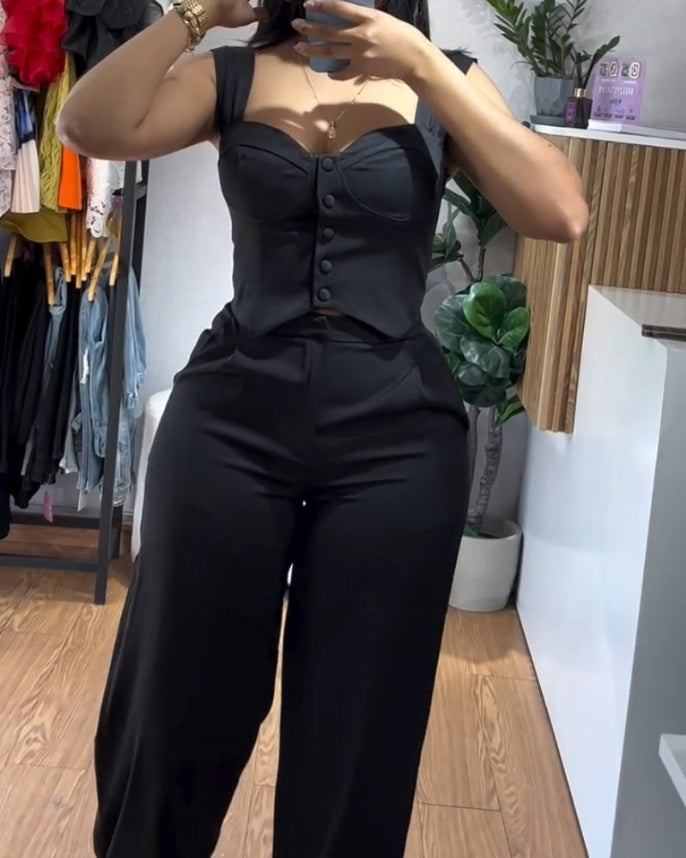 Women's Vest Suit High Waist Wide Leg Trousers Set