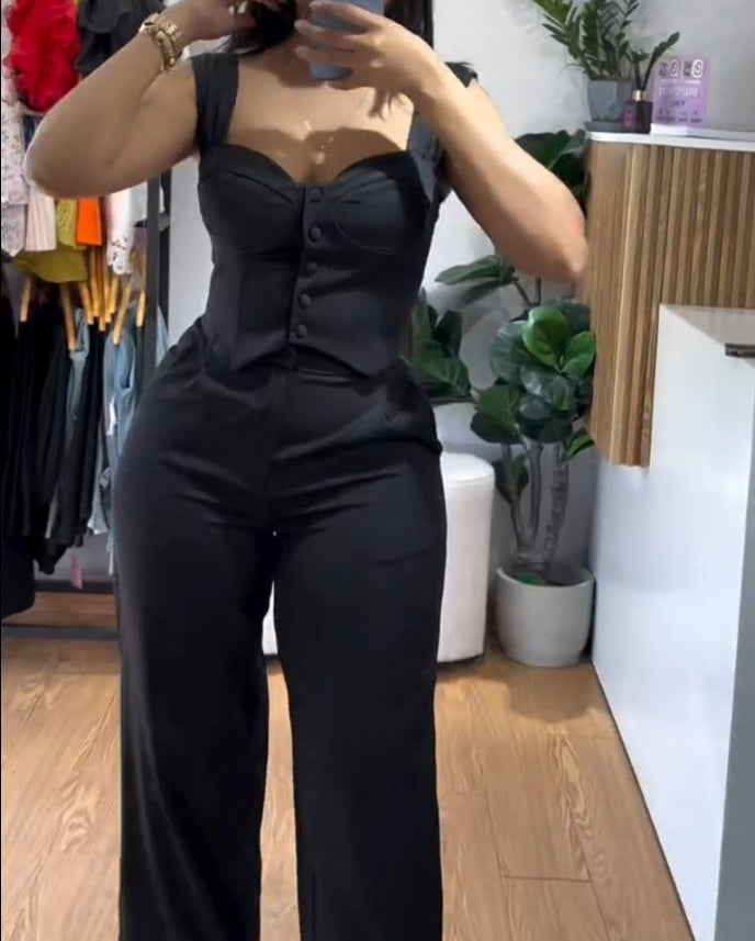 Women's Vest Suit High Waist Wide Leg Trousers Set