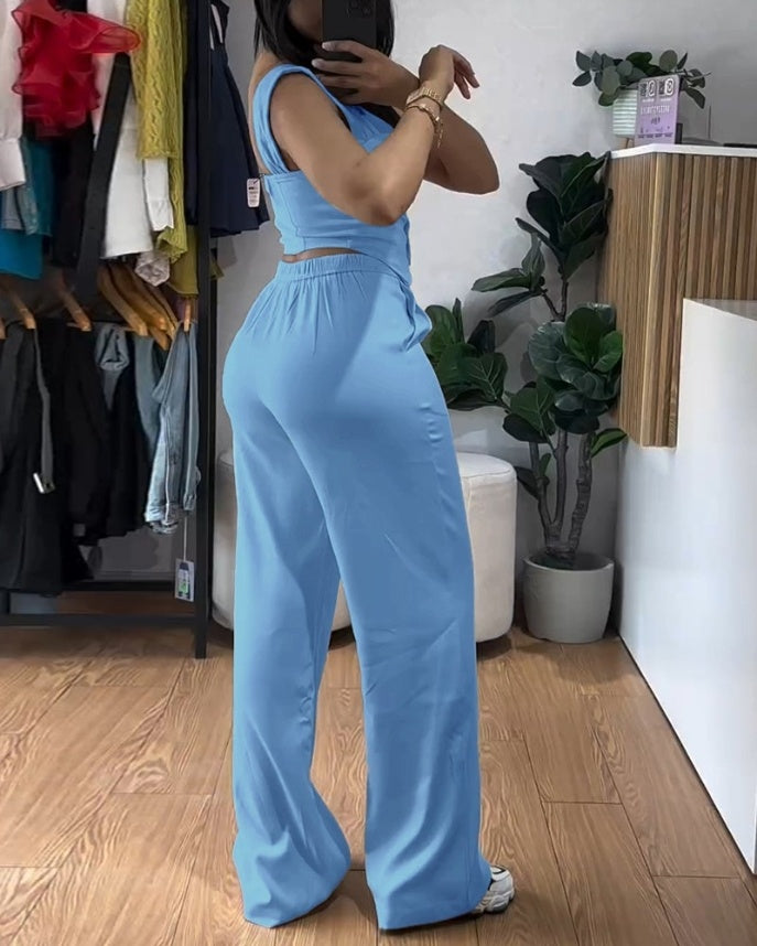 Women's Vest Suit High Waist Wide Leg Trousers Set